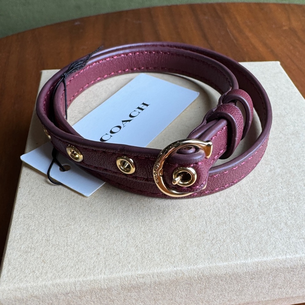 Coach Signature C Buckle Double Wrap Adjustable Leather Bracelet in Burgundy